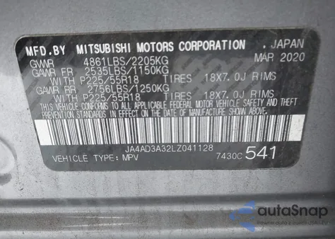 2020 Mitsubishi Outlander Le 2.4 из США, поврежденный, VIN JA4AD3A32LZ041128